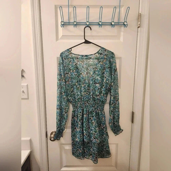 Zara Size M Blue Floral Mini Dress Deep V Neck Long Sleeve #M615 - Picture 3 of 5